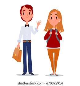Back to school. Teenagers boy and girl. High school students with school bags. Isolated vector illustration on white
