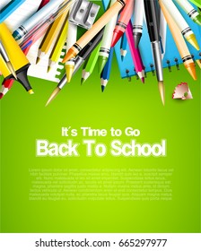 Back to school template with school accessories on green background