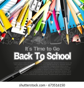 Back to school template with school accessories on black background and place for your text