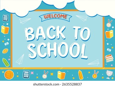 Back To School template and background with school supplies on blue color.