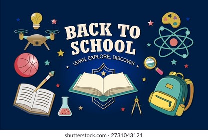 Fondo de Anuncio de Plantilla de regreso a la escuela con varios artículos de papelería y otros Elementos educativos. Regreso a la escuela 2026.