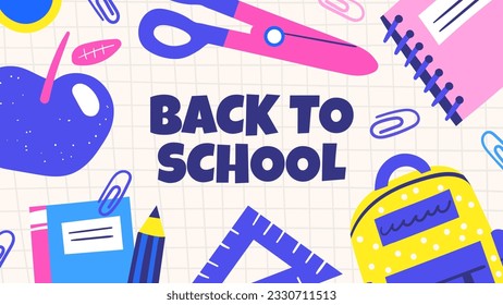 Back to school template banner with backpack, copybook, book, apple, scissors, ruler, paper clips. Hand drawn doodle cartoon style education card, poster, background, page, cover, brochure with text.