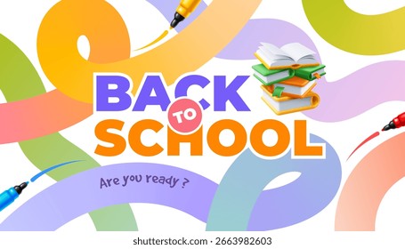 Plantilla de regreso a la escuela. Anuncio con Diseño gráfico abstracto brillante, texto, Elementos simples modernos planos y pila de libros de texto realistas en 3D. Educación de fondo conceptual. Ilustración vectorial