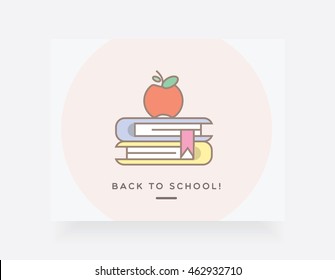 Back to school template banner with colorful modern outline icon with stacked books and apple on top