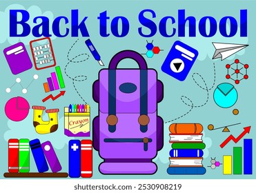 Back to school template banner with hand drawn doodle cartoon style backpack, paper, books, paper airplane, poster, background, page, cover, brochure with text.