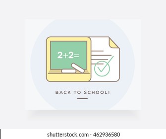 Back to school template banner with modern outline icons of chalkboard and homework paper with grade