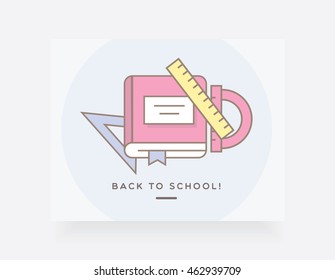 Back to school template banner with modern colorful outline icons of notebook and rulers