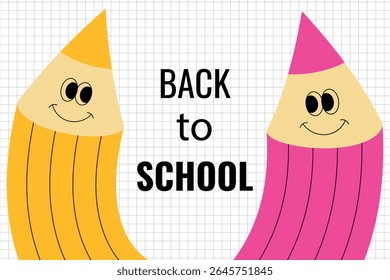 Back to school - template for banner, poster, postcard. Cheerful smiling curved colored pencils. Vector illustration.