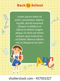 Back to school. The template for the banner. Ready for your message. Lorem Ipsum. Cute schoolchildren. Funny cartoon character. Vector illustration