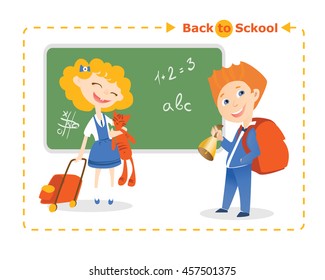 Back to school. The template for the banner. Ready for your message. Lorem Ipsum. Cute schoolchildren. Funny cartoon character. Vector illustration