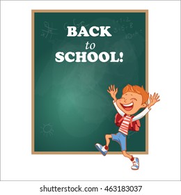 Back to school. The template for the banner. Ready for your message. Lorem Ipsum. Cute schoolchildren. Funny cartoon character. Vector illustration