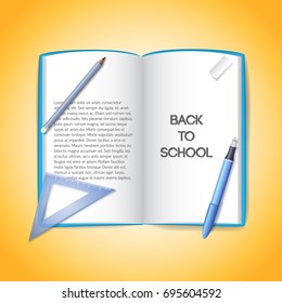 Back to school template with book pencil pen ruler on light orange background isolated vector illustration