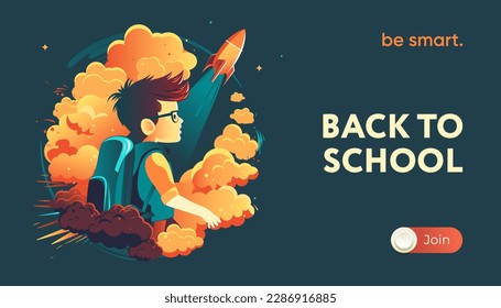 Back to school template with boy and a rocket in clouds, vector illustration