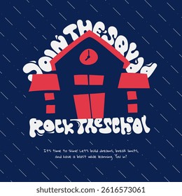 back to school template with school building in flat design and simple psychedelic typography. back to school advertisement design