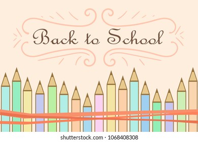 Back to school template with color pencils and red ribbon.