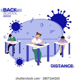 back to school template desigin background flat vector design with three character with face mask