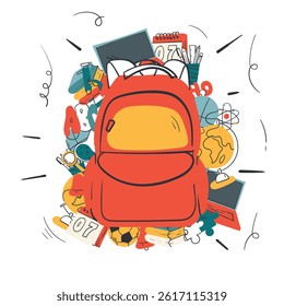 Back to school template design with the backpack and stationery colorful icons in doodle art design. back to school background design