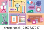 Back to school template design  banner  School stuff, supplies bundle. Stationery, items, accessories,  folder, pencil, pen   Flat vector cartoon  illustration 