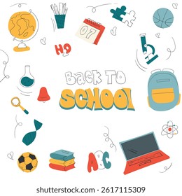 Back to school template design with colorful line art icon of stationery and typography. back to school advertisement template