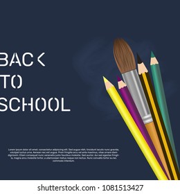 Back to school template design and illustration with stationery items on blue chalk background.
