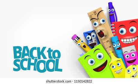 Back To School Template With Funny Cartoon Stationery. EPS10 Vector