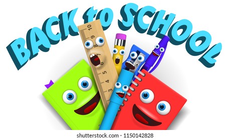 Back To School Template With Funny Cartoon Stationery. EPS10 Vector