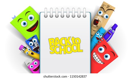 Back To School Template With Funny Cartoon Stationery. EPS10 Vector