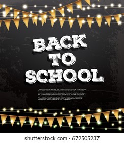 Back to School Template with Neon Garlands and Flags. Vector Illustration. Card with Copy Space.