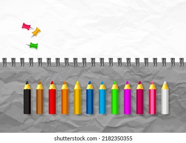 Back to school template. Notepad and colored pencils. 3d objects