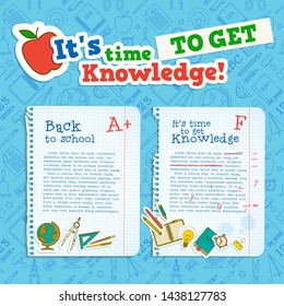 Back To School Template With Paper Notes Text Marks Supplies On Line Icons Seamless Pattern Vector Illustration