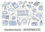 Back to school. Template of a school poster with hand drawn accessories. Set of school supplies. Education, learning, knowledge concept. Vector illustration