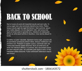 Zurück zum Schulvorlagenposter mit Sonnenblumen und Blütenblättern. Konzept, Vektorhintergrund für Bildung. Illustrationsbanner