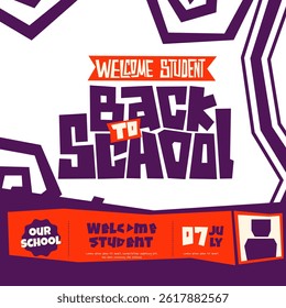 back to school template with purple typography and abstract white purple background. back to school background template