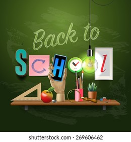 Back to school template with schools workspace supplies, vector illustration.
