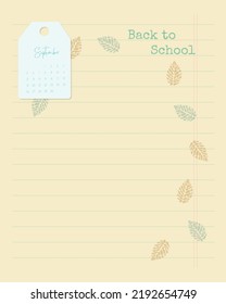 Back to school template and September 2022 calendar. Template for note, to-do list, reminder, checklist, stamp leaf.