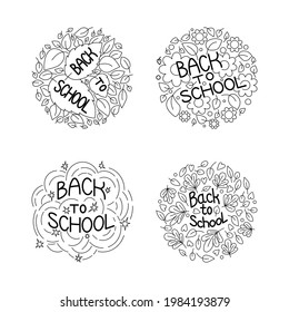 Back to school. Template. Set. Contour image of an inscription, flowers and leaves on a white background. Element for design. Vector illustration.
