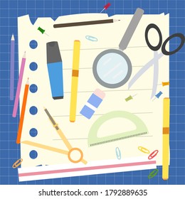 Back To School Template. Stationery Like Paper Pencil Pen Ruler Eraser Color Pencil Magnifying Glass Scissors Paperclip Nails. Stationery Vector.