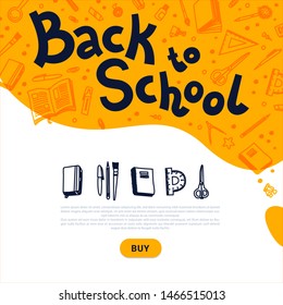 Back to school template. School supplies online shopping. Doodle style vector illustration.