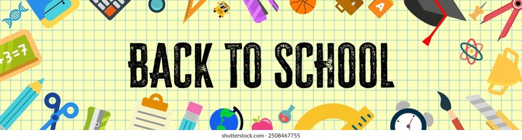 Back to school template. School supplies symbol. Cartoon style.