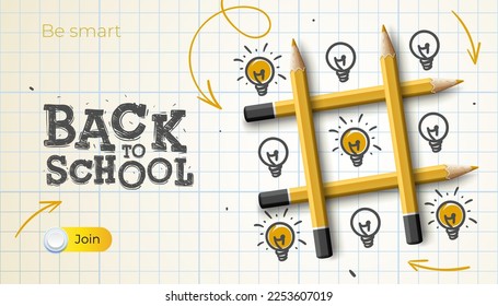 Back to school template and tic tac toe game  pencils makes   lamp idea doodle sketch  Vector illustration