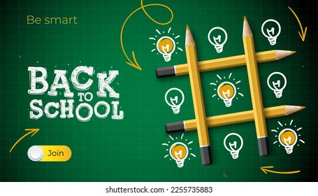 Back to school template with tic tac toe game, green checkered board, pencils makes and doodle lightbulbs. Vector illustration