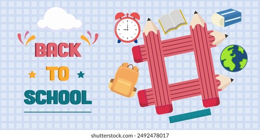 Back to school template with tic tac toe game, pencil, and ideas bag, clock, book, eraser ,pencil. Vector illustration