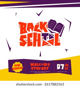 Back to school template with typography and flat open book in white purple design. back to school campaign template