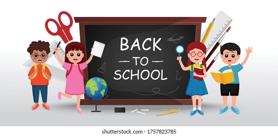 Back to school template, vector illustration with school kids, chalkboard, stationery, school items and elements