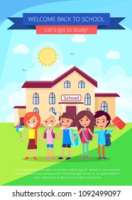 Back to school template vector poster in graphic design with small students smiling and holding supplies for studying in sunny weather