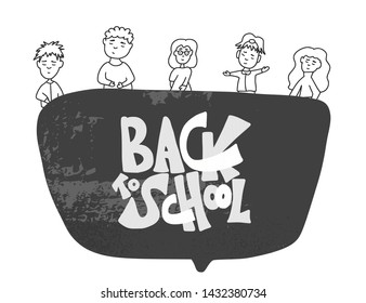 Back to school text for banner. Template for sale cards and promotion. Lettering with children characters. Vector illustration.