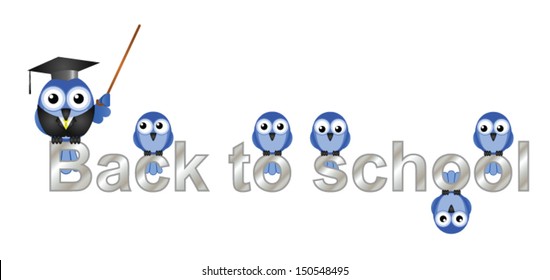 Back to school text with bird teacher and pupils isolated on white background