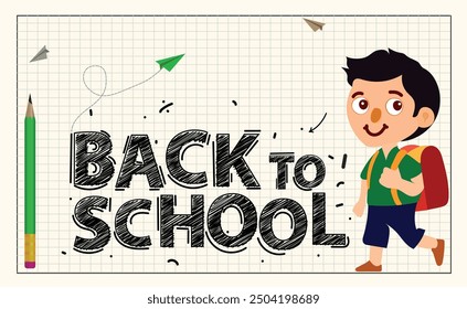 Back to school text in black chalkboard on math paper background with a 3D green pencil cartoon boy backpack going
to school smiling, paper airplane isolated vector illustration design banner.
