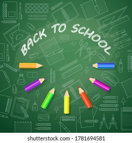 Back to school text  in blackboard with color pencils and school stationery, accessories. Vector illustration banner, poster. 