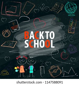 Back to school text in blackboard with school items and elements.